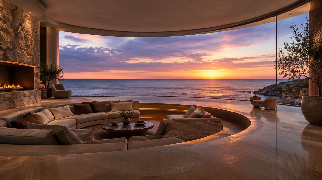 Salon contemporain avec baie panoramique ouverte sur l'océan au coucher du soleil