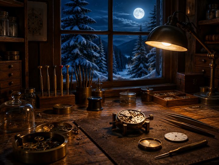 Établi d'horloger devant une fenêtre, pleine lune sur les sapins