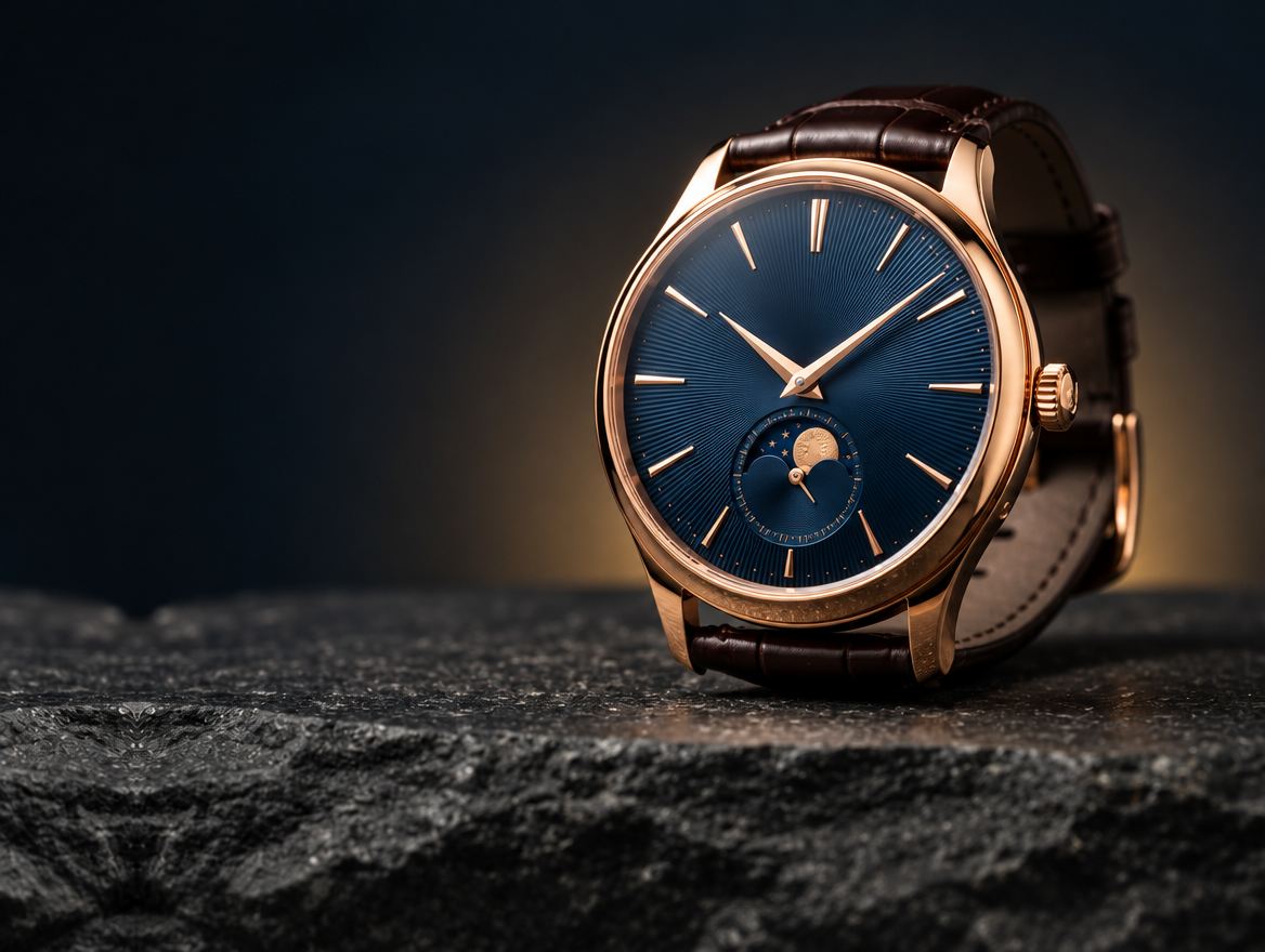 Calibre 07 en or rose, cadran bleu nuit guilloché, bracelet alligator brun