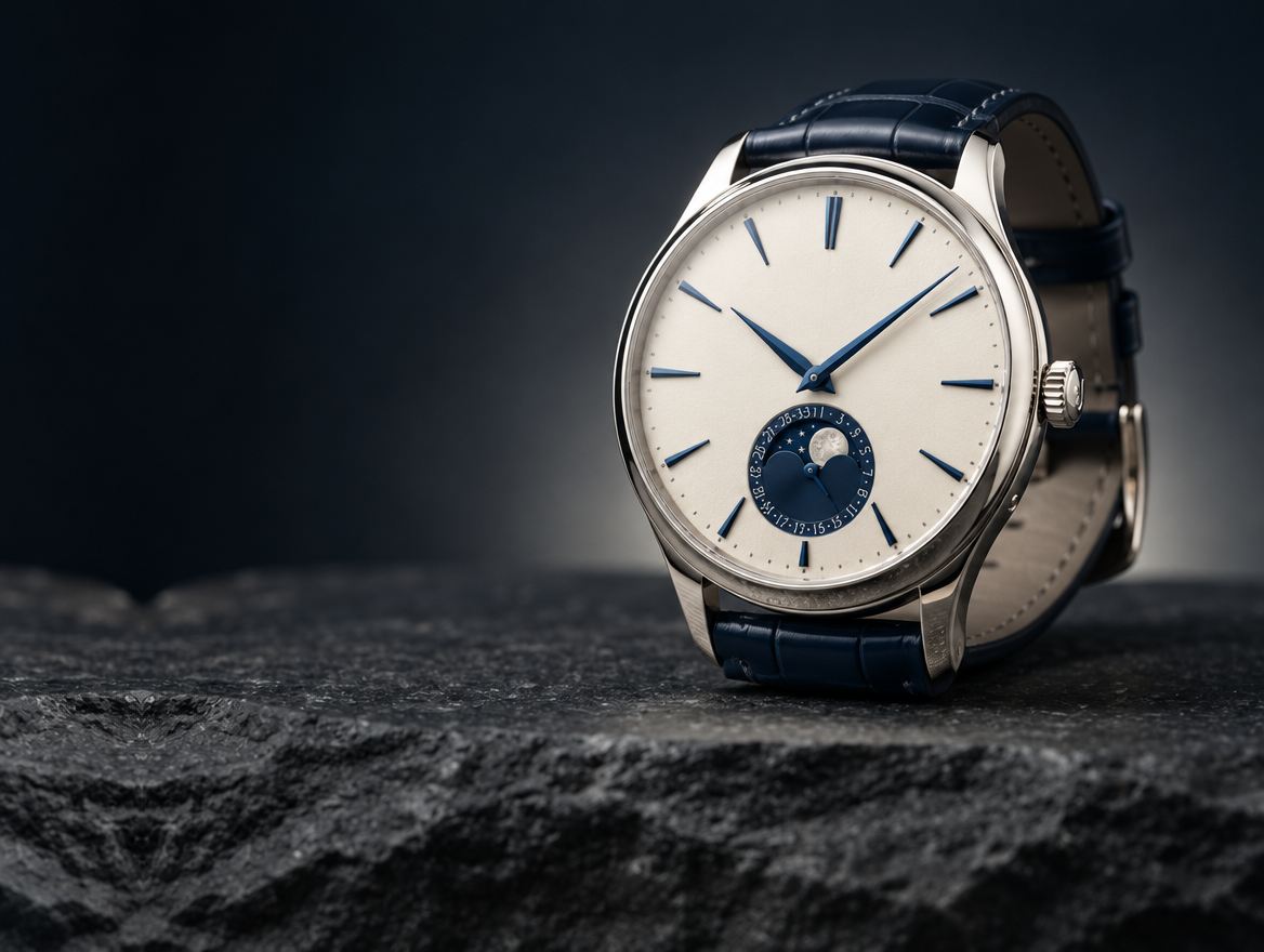 Calibre 07 en platine, cadran émail grand feu ivoire, bracelet alligator bleu marine